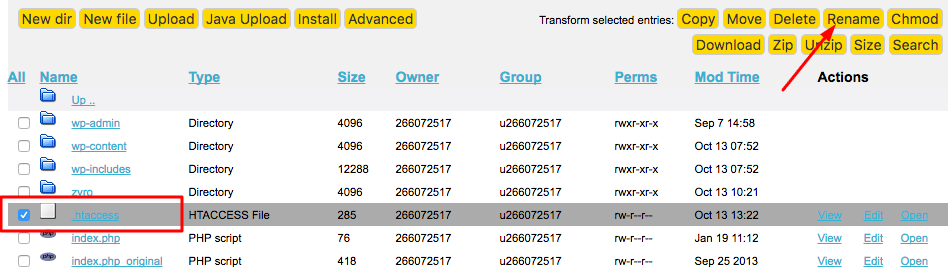 rename the .htaccess file in wordpress