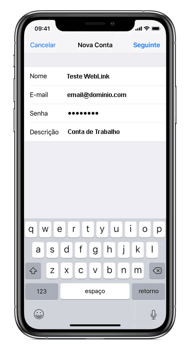 screen where you enter email account information on iOS